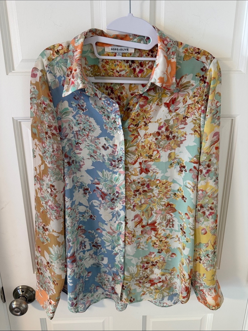 Rose + Olive Shabby Chic Floral Patchwork Chiffon Button Down Blouse Large